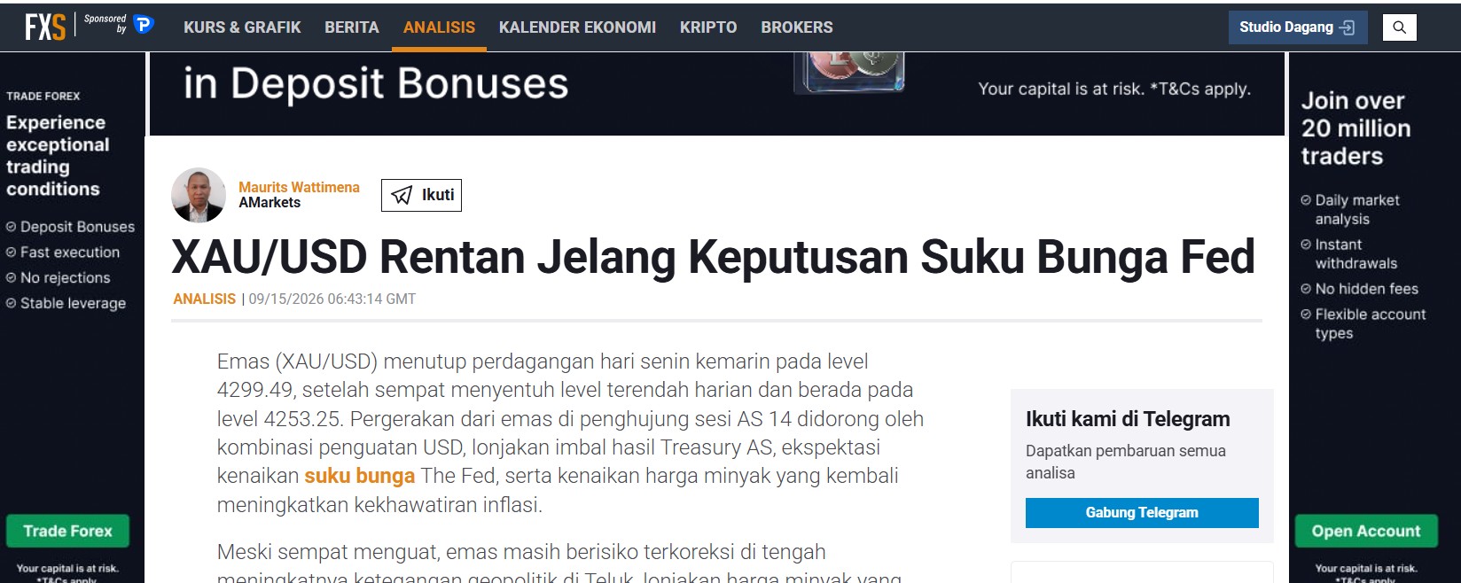 XAU/USD Rentan Jelang Keputusan Suku Bunga Fed